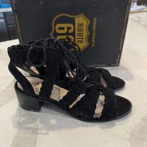 Route 66 Marcia LaceUp Wedge Dress Sandals Womens 7 Black ChunkyHeel WovenStraps